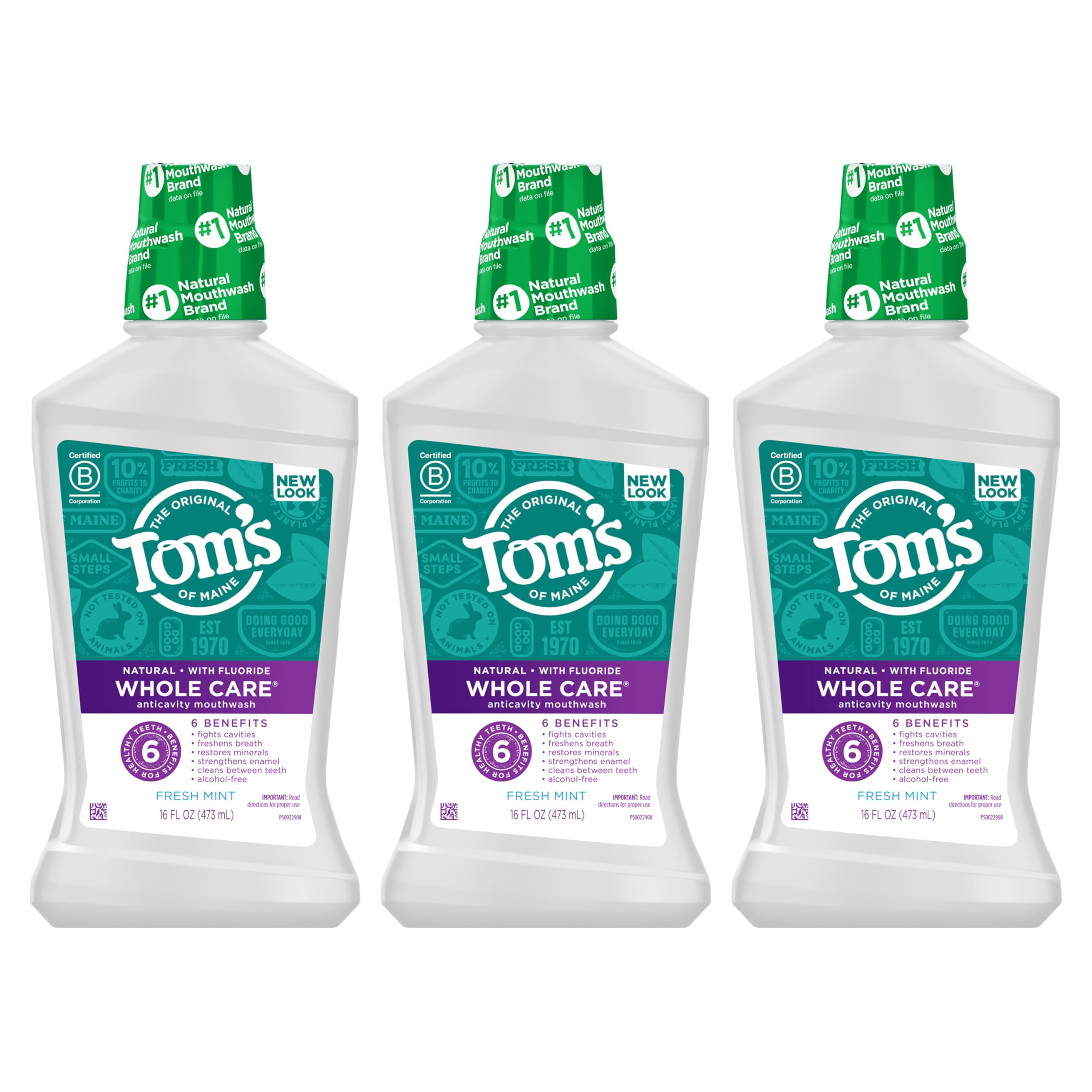 Tom's of Maine Whole Care mouthwash three-bottle pack shown