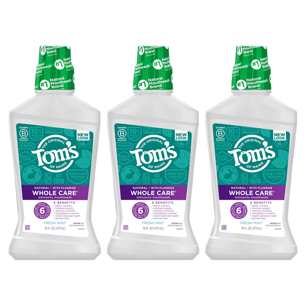 Tom's of Maine Whole Care mouthwash three-bottle pack shown