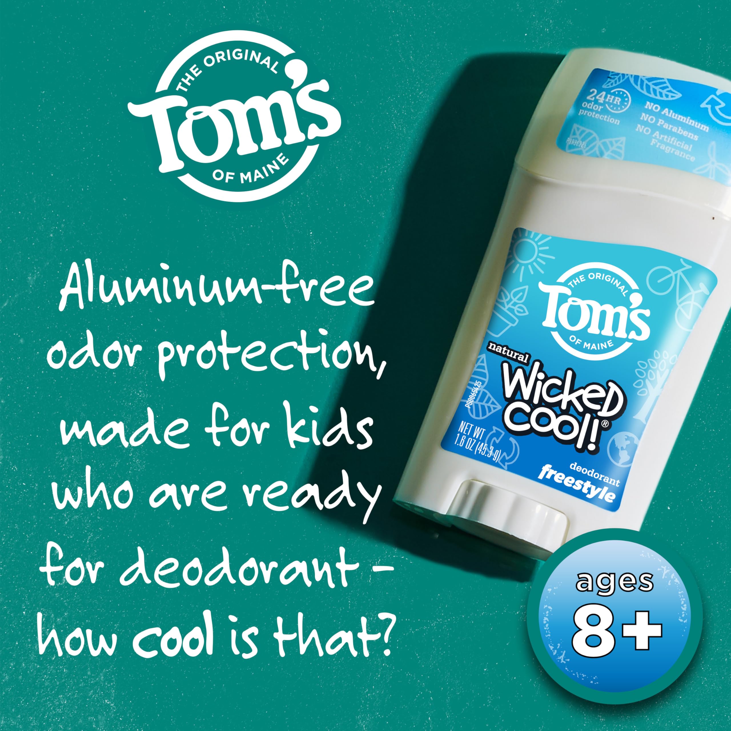 Three-pack display of Tom's of Maine Wicked Cool Freestyle deodorant with 24-hour odor protection.
