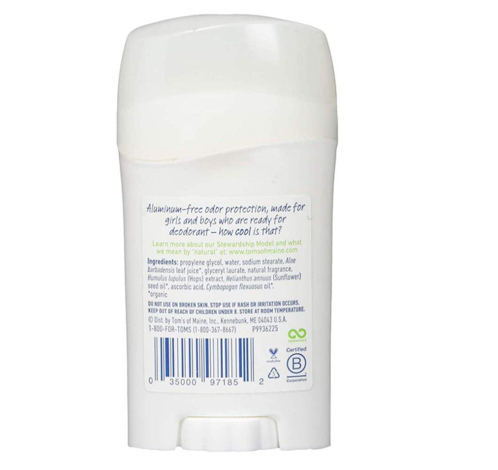 Packaging of Tom's of Maine Wicked Cool Kids Deodorant highlights natural ingredients.