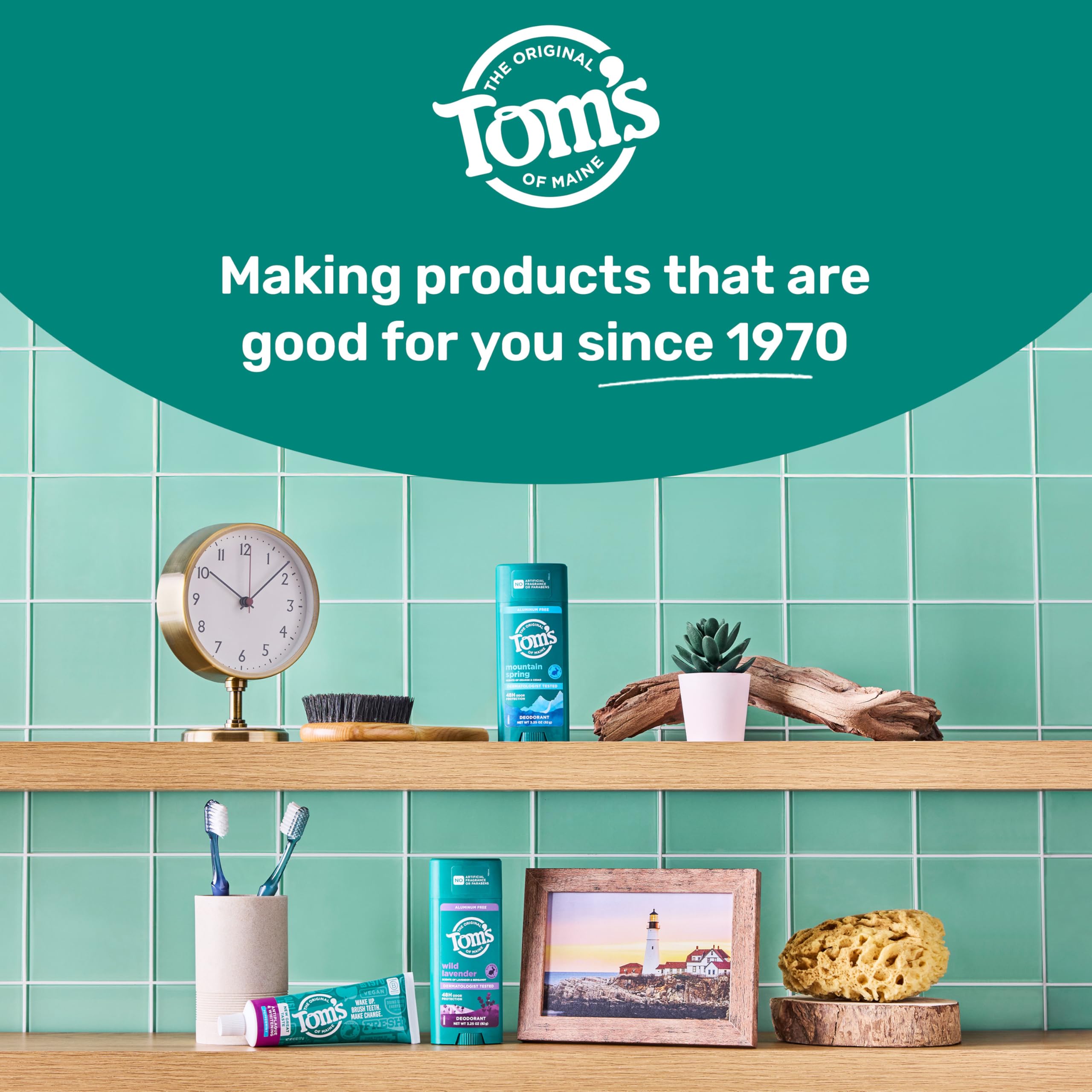 Tom's of Maine Wicked Fresh three-pack on bathroom shelf for daily care.