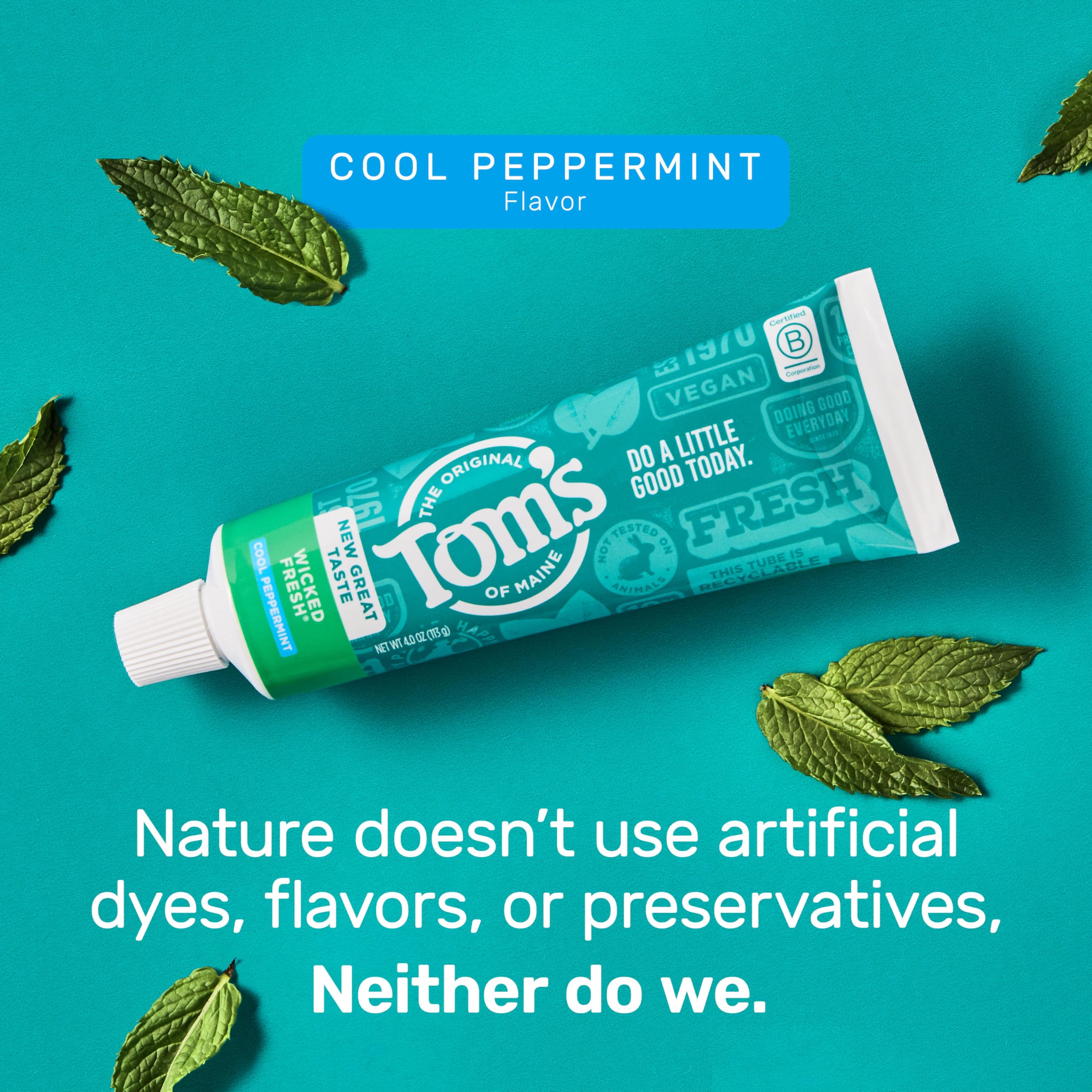 Tom's of Maine Wicked Fresh mint visuals convey Cool Peppermint flavor and freshness.