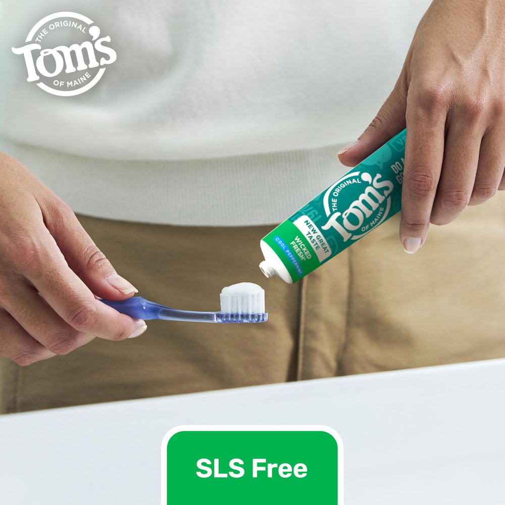Outer box of Tom's of Maine Wicked Fresh toothpaste showcases peppermint flavor.