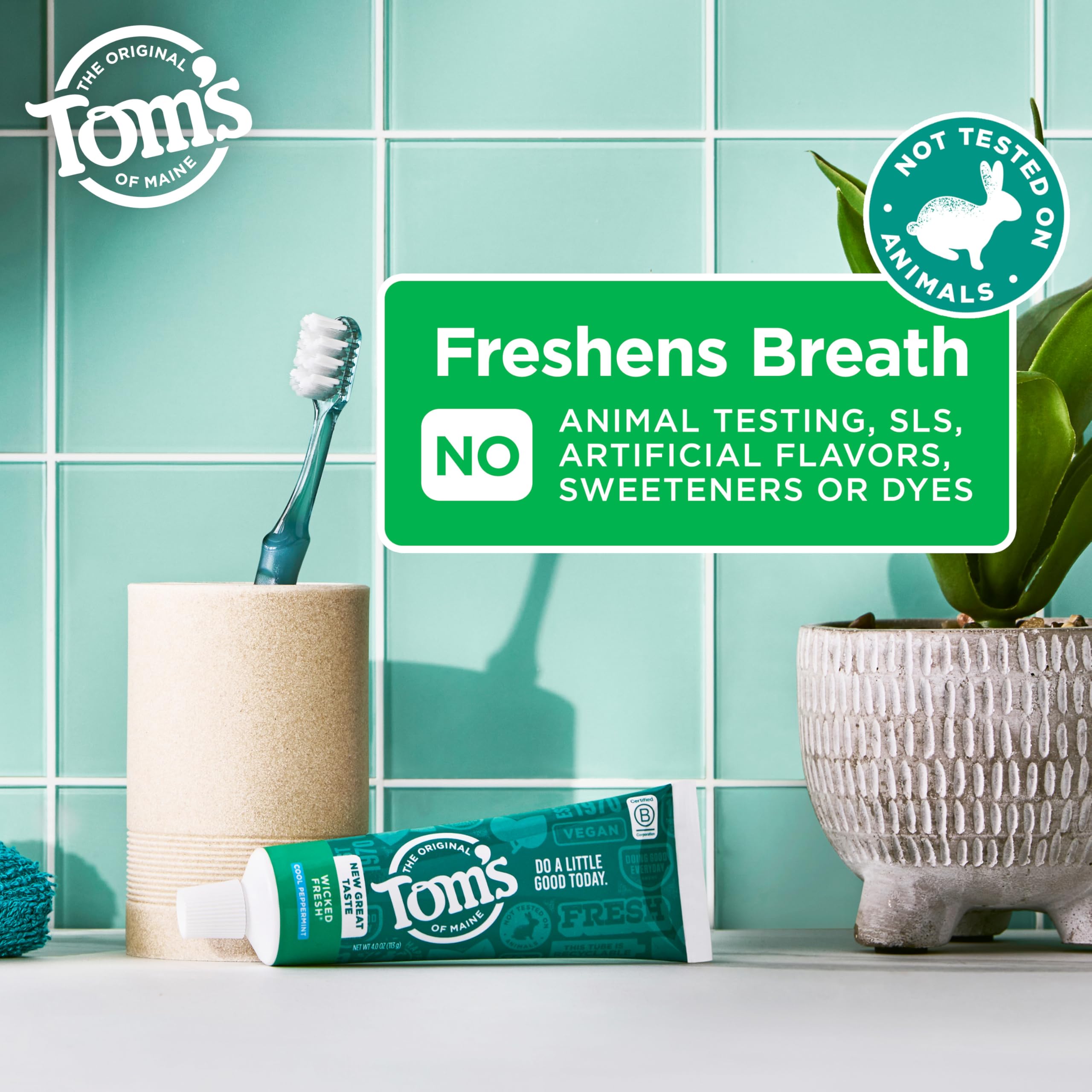 Tom's of Maine Wicked Fresh packaging label highlights natural fluoride and clean ingredients.