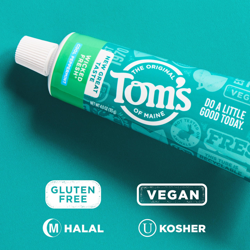 Tom's of Maine Wicked Fresh toothpaste being squeezed for easy application and refreshing foam.