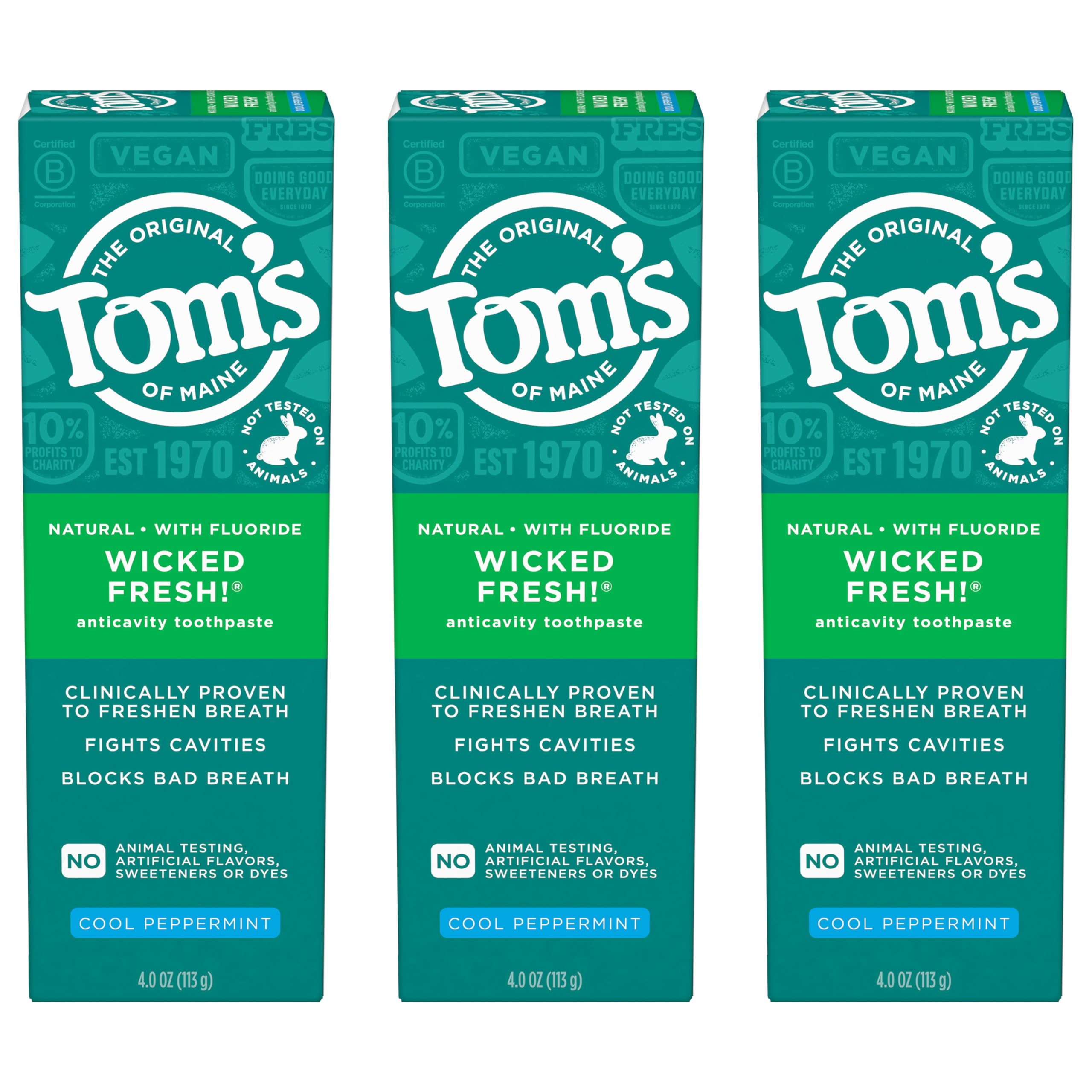 Tom's of Maine Wicked Fresh toothpaste three-pack tubes for fresh breath and convenience.