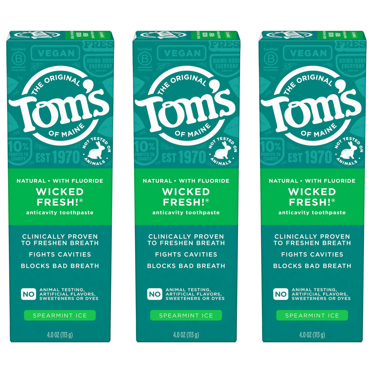 Tom's of Maine Wicked Fresh toothpaste tubes in a 3-pack for daily fresh breath