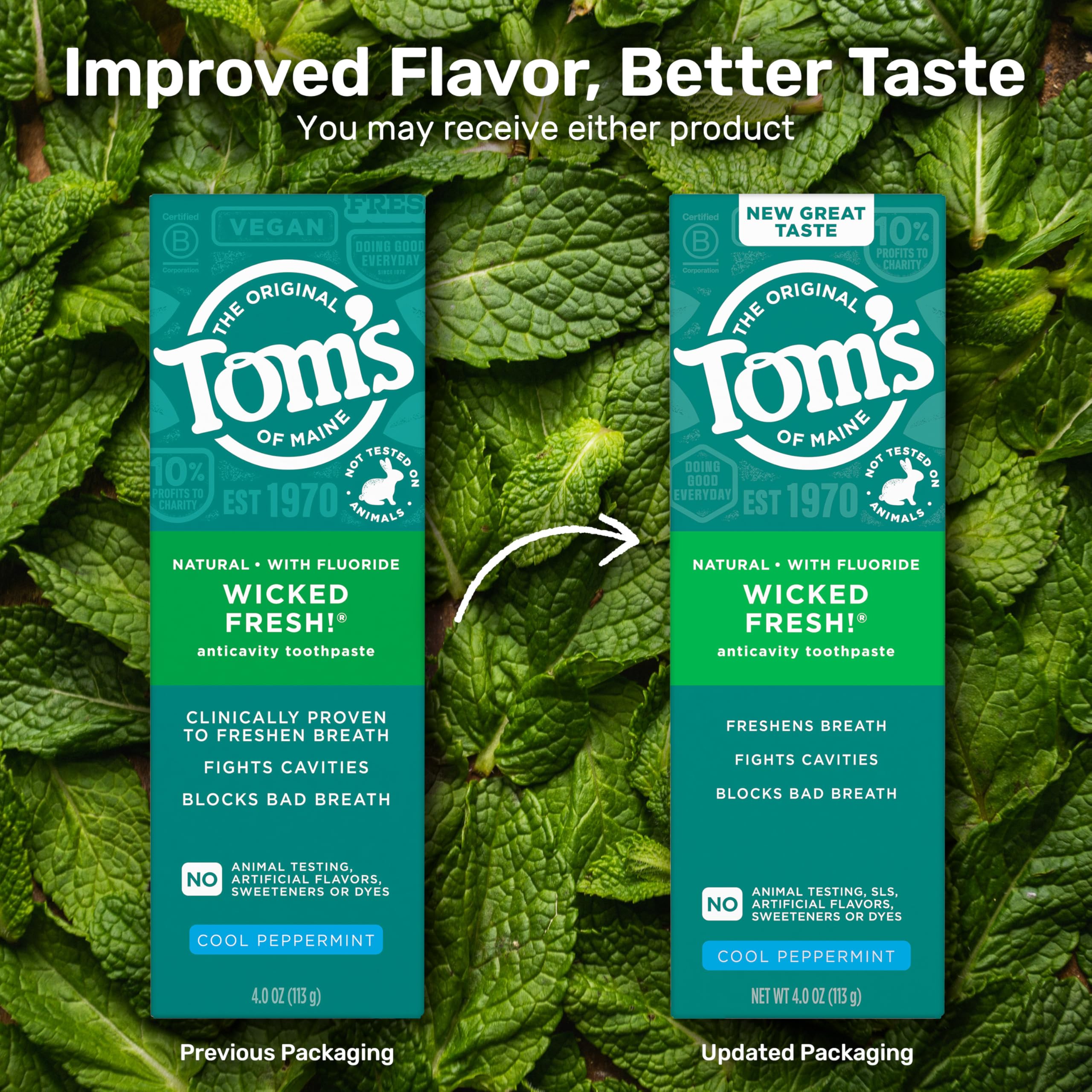 Close-up of Tom's of Maine Wicked Fresh toothpaste tube for a refreshing brushing experience.