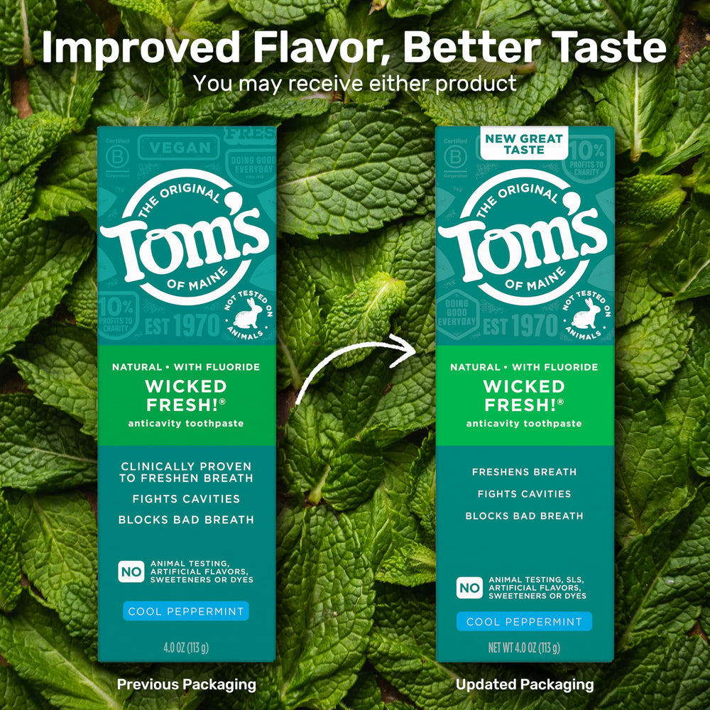 Close-up of Tom's of Maine Wicked Fresh toothpaste tube for a refreshing brushing experience.
