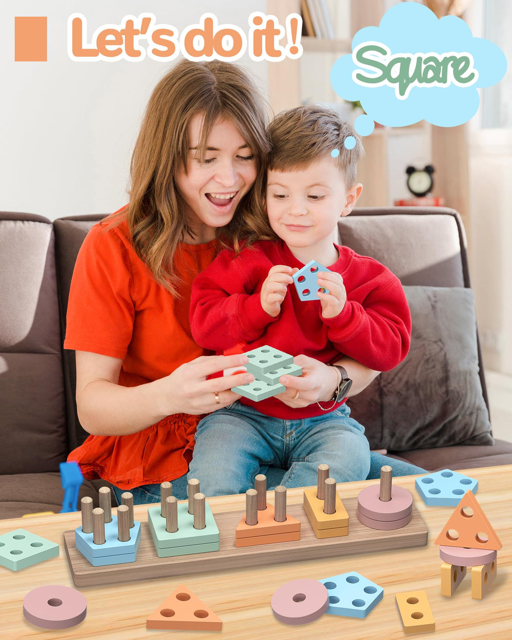 Tonberless wooden sorting and stacking puzzle supports fine motor skills during play.