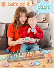 Tonberless wooden sorting and stacking puzzle supports fine motor skills during play.