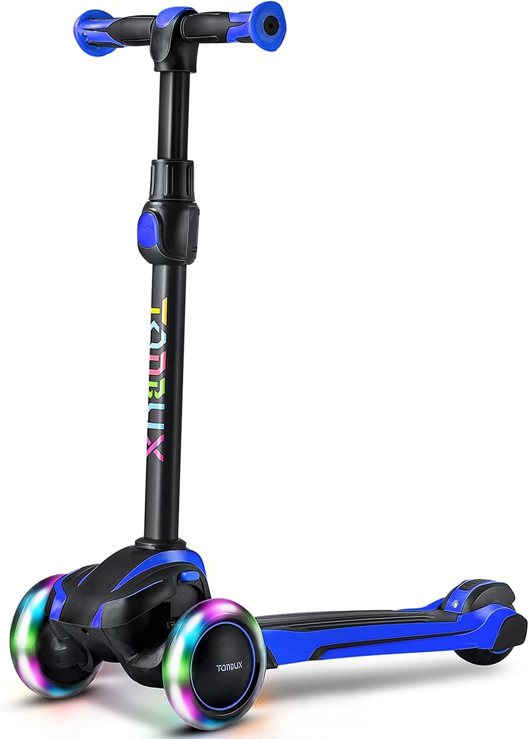 TONBUX Kids Scooter blue side view highlights adjustable height for growing riders.