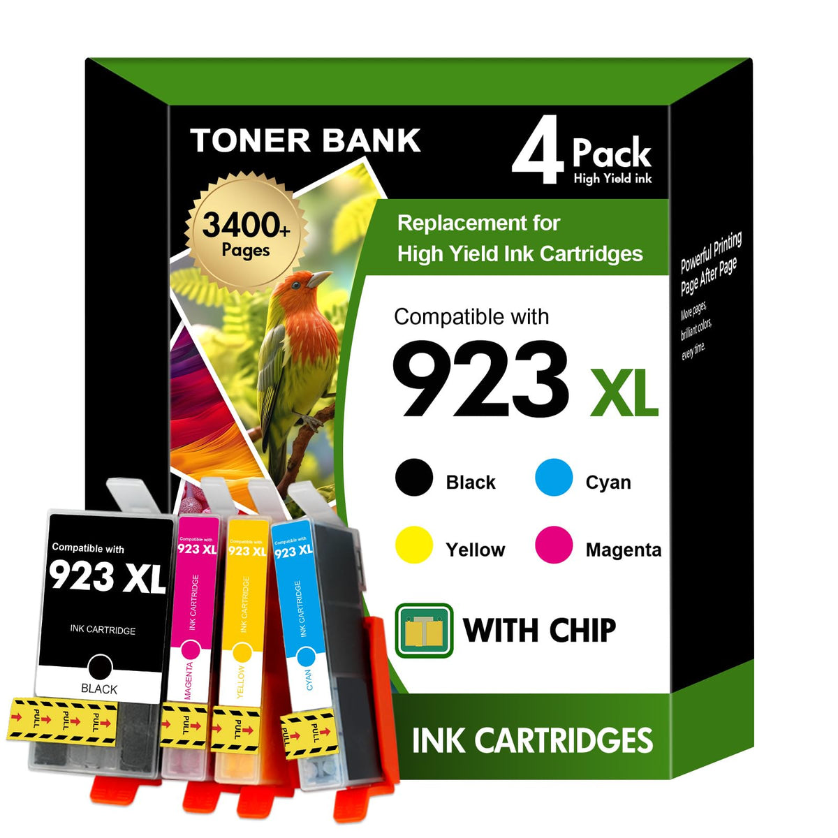 Toner Bank 923XL black ink cartridge for HP OfficeJet Pro, ready for reliable black prints.