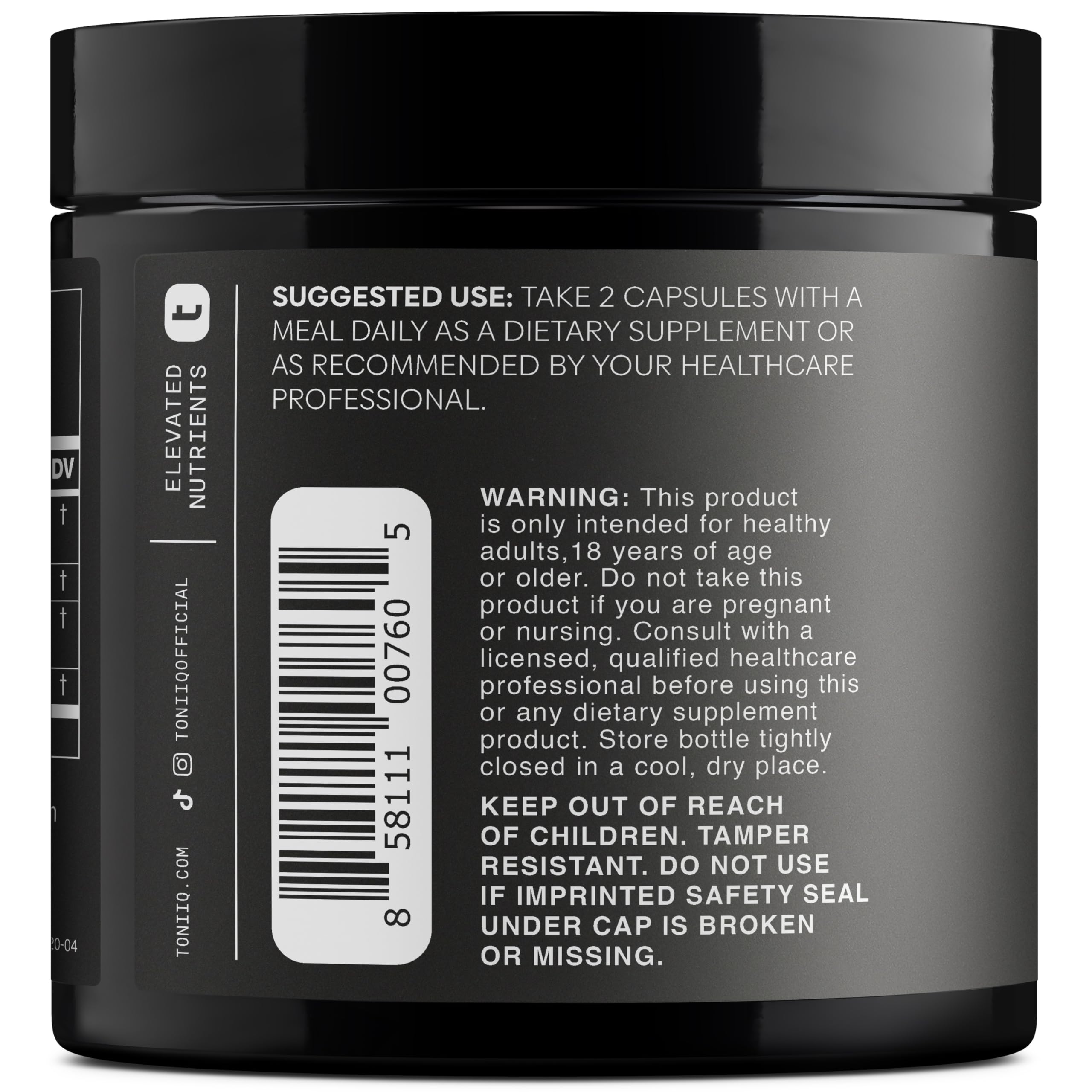 Toniiq Ashwagandha 40:1 extract bottle highlights 1,300 mg per serving