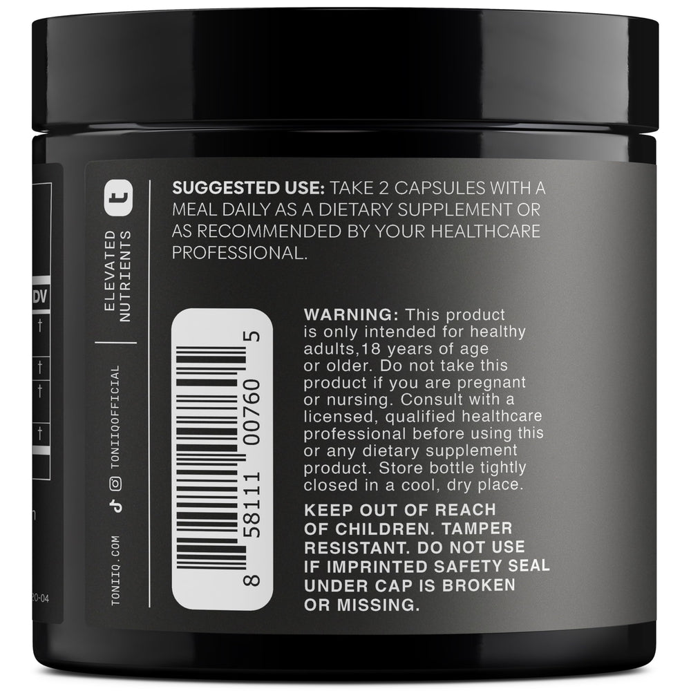 Toniiq Ashwagandha 40:1 extract bottle highlights 1,300 mg per serving