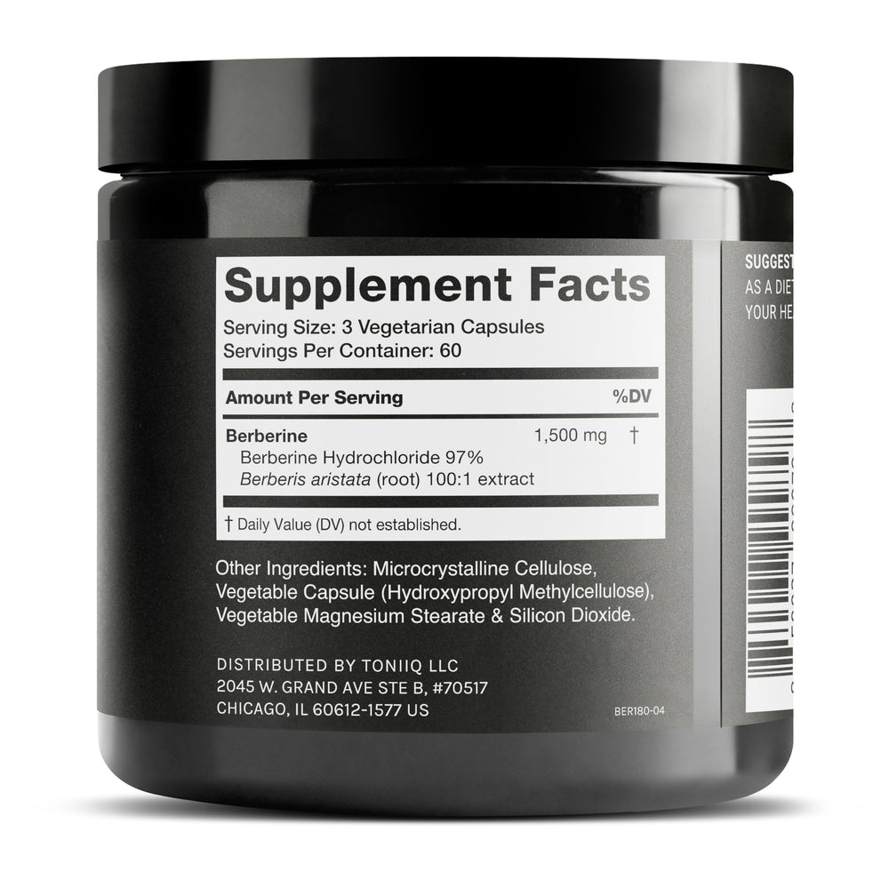 Toniiq Berberine HCl capsules offering convenient, potent daily dosing.
