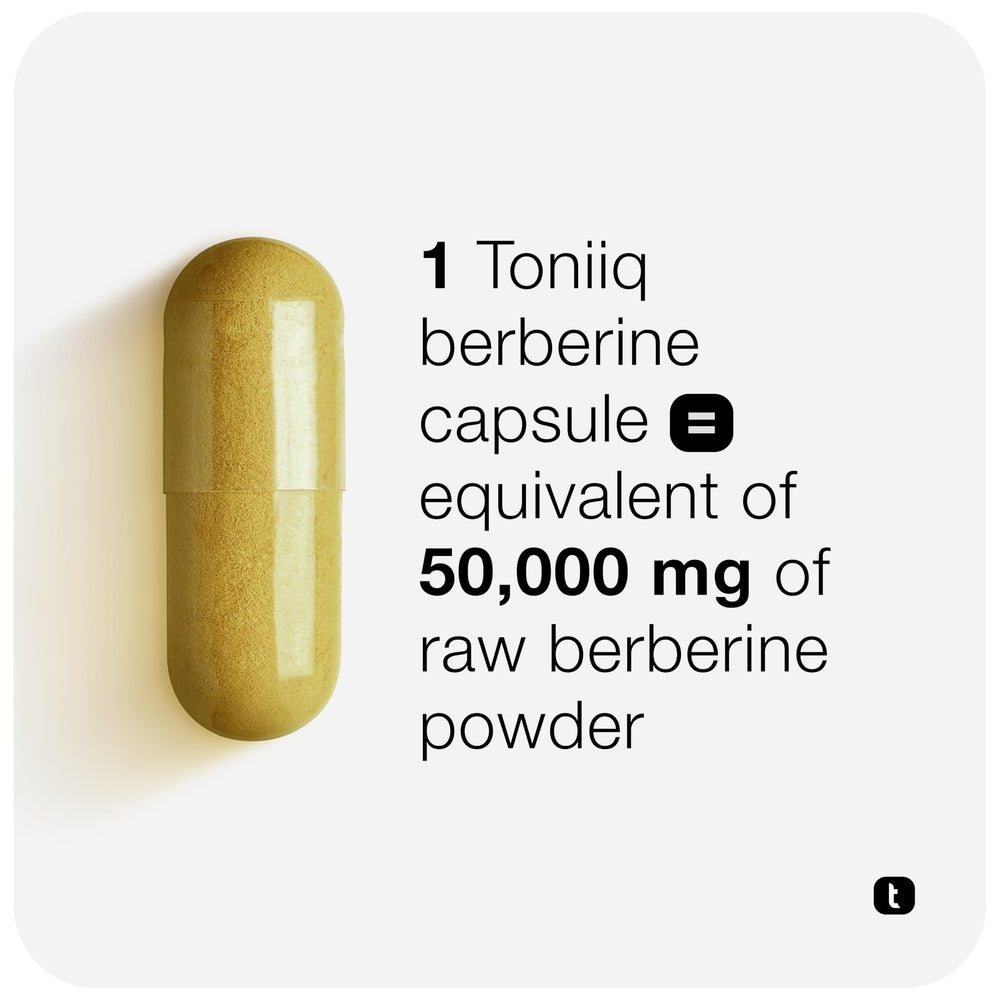 Toniiq Berberine HCl Himalayas 97% purity highlights premium potency.