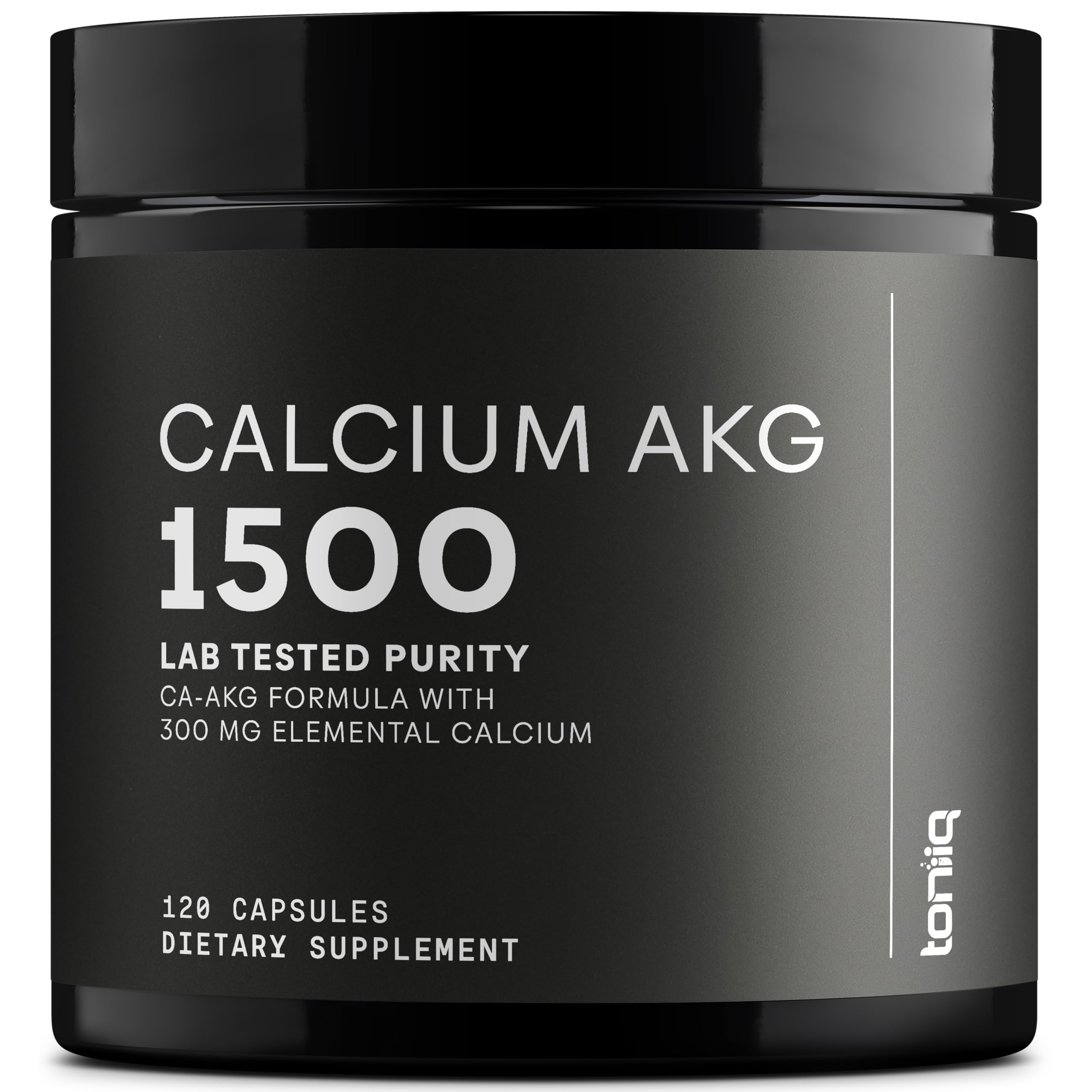 Toniiq Ca AKG 1500mg bottle with high-purity capsules for daily use.