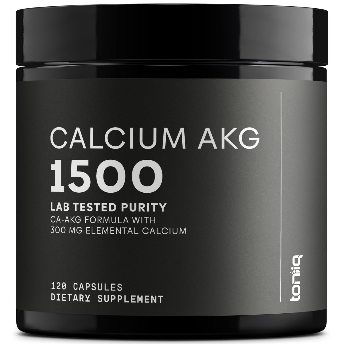 Toniiq Ca AKG 1500mg bottle with high-purity capsules for daily use.