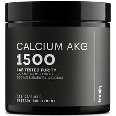 Toniiq Ca AKG 1500mg bottle with high-purity capsules for daily use.