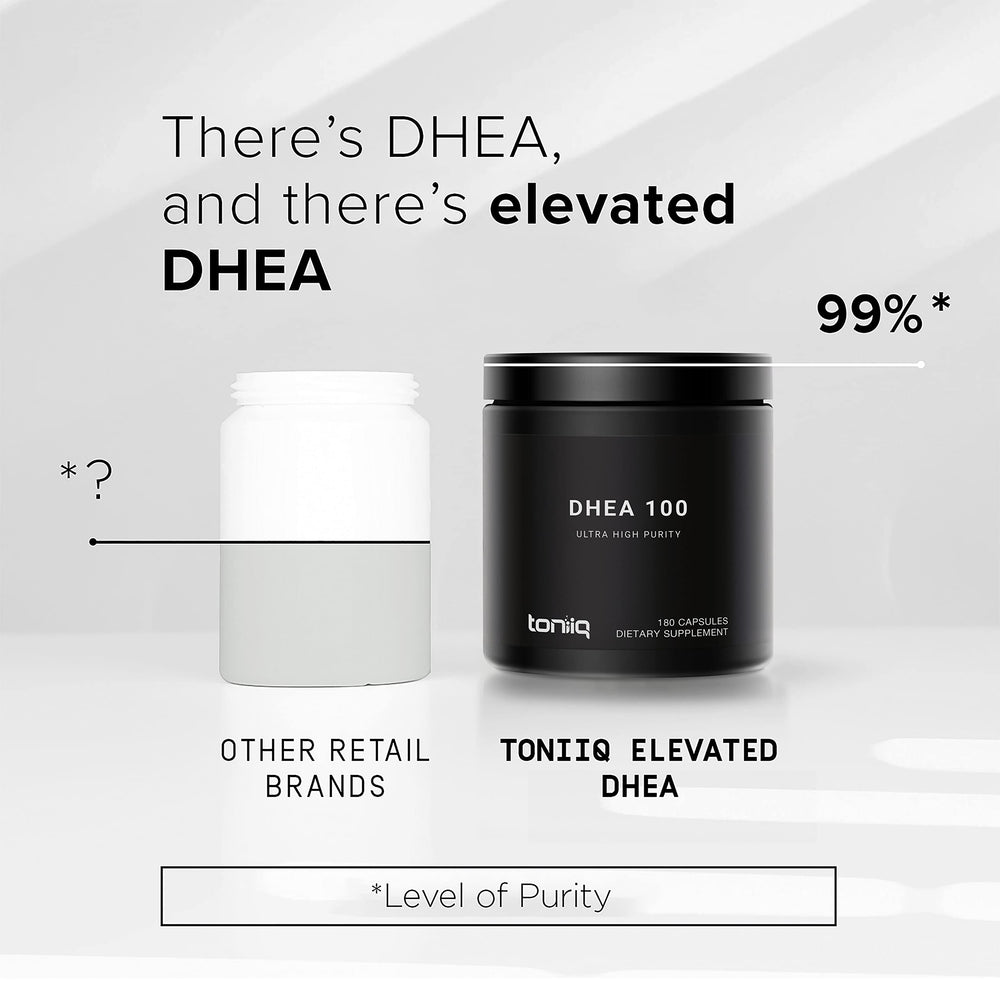 Toniiq DHEA 100mg bottle label close-up shows 99%+ purity