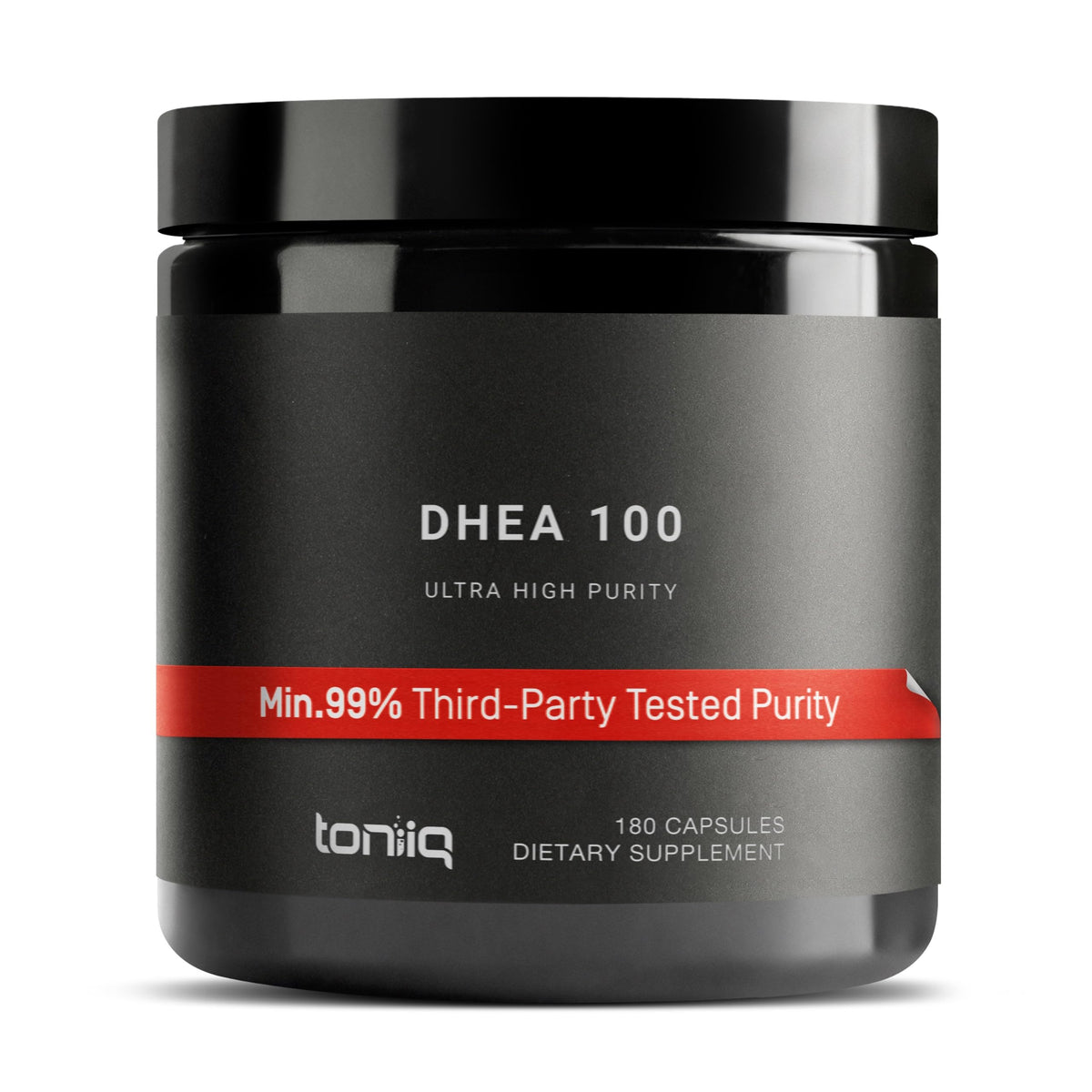 Toniiq DHEA 100mg micronized bottle highlights purity and balance support potential