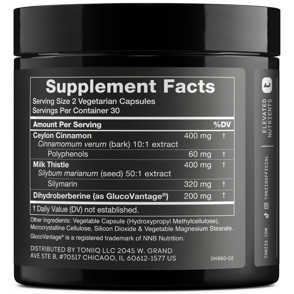 Toniiq Dihydroberberine GlucoVantage cap close-up signals purity and potency