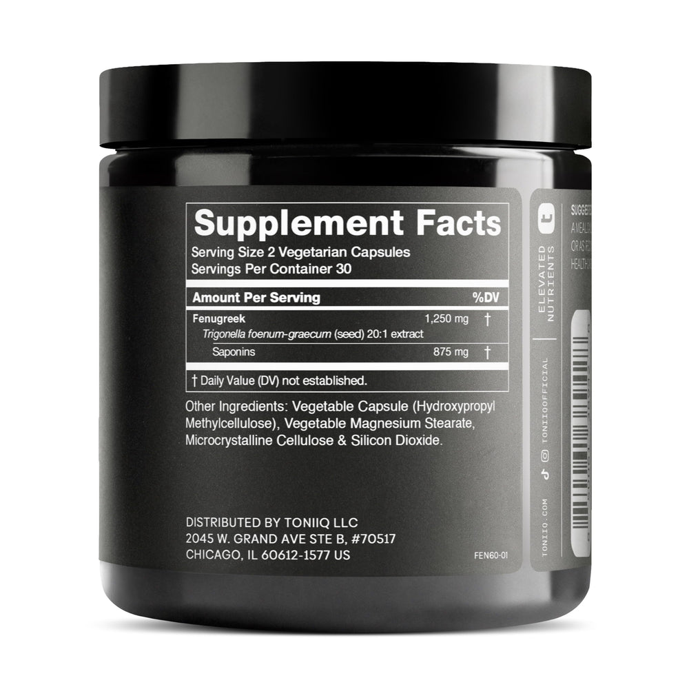 Toniiq Fenugreek capsules label closeup highlights 70% saponins potency.