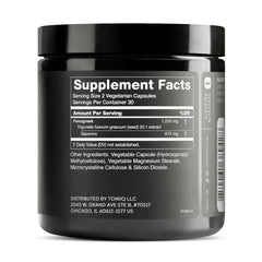 Toniiq Fenugreek capsules label closeup highlights 70% saponins potency.