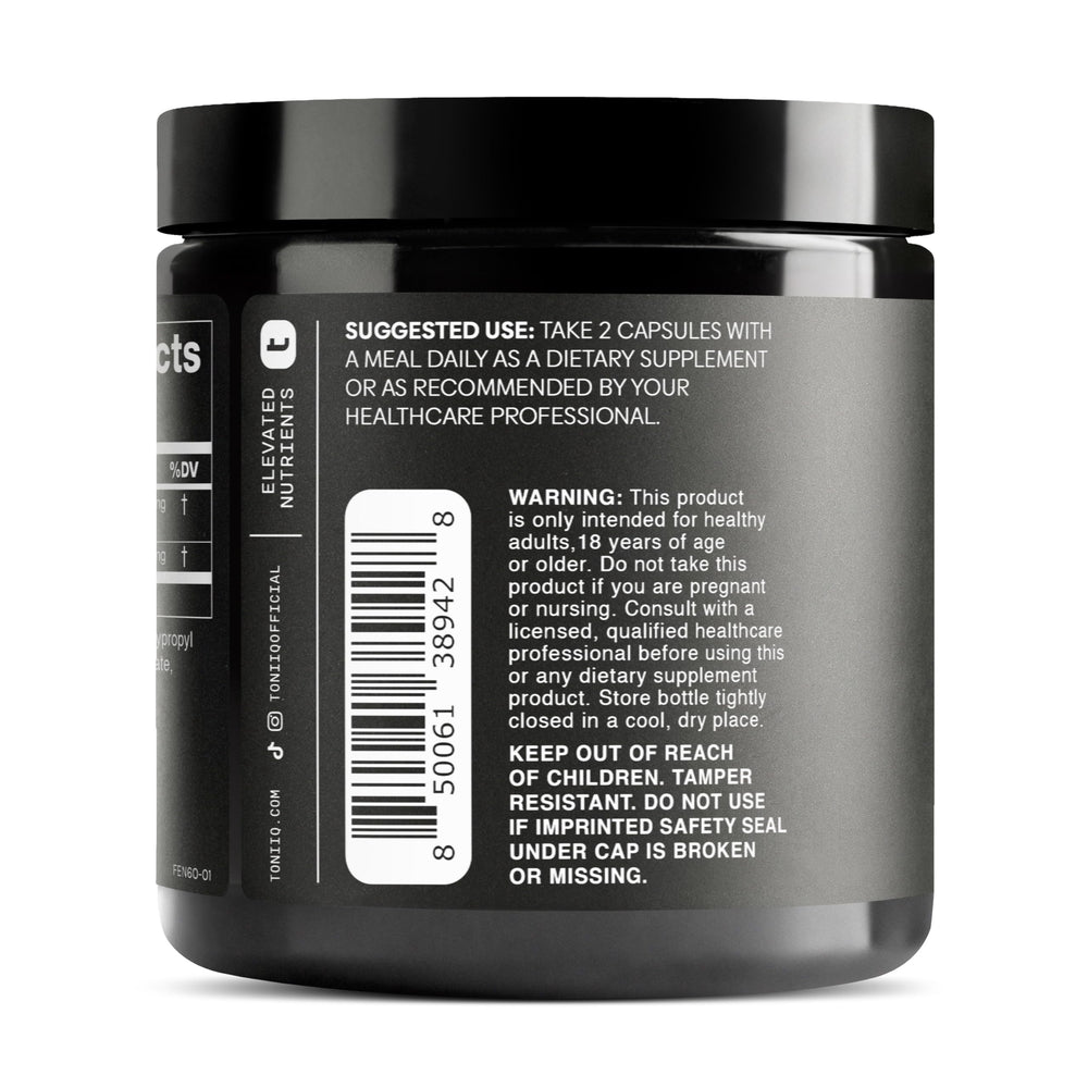 Toniiq Fenugreek capsules packaging details emphasize clarity and trust.