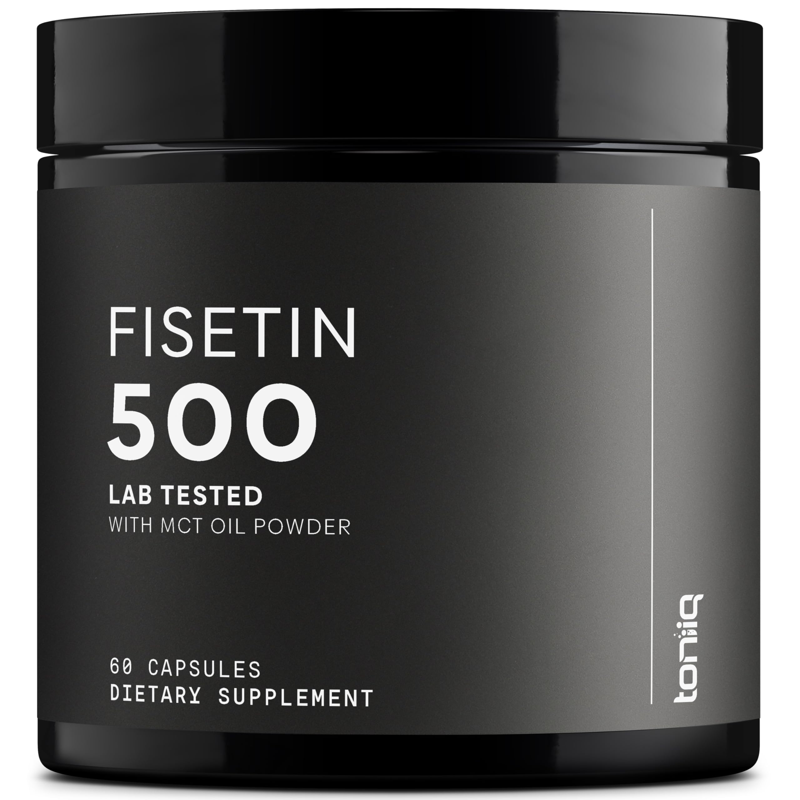 Toniiq Fisetin 500mg bottle label highlighting 98%+ purity for high-quality supplementation.