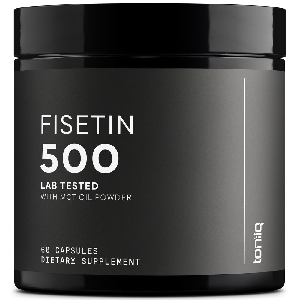 Toniiq Fisetin 500mg bottle label highlighting 98%+ purity for high-quality supplementation.