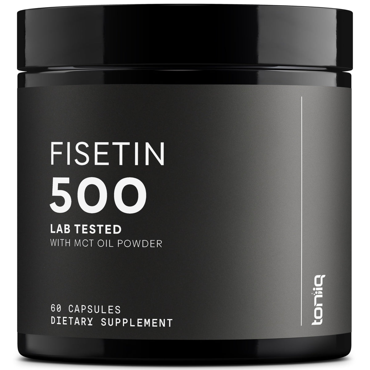 Toniiq Fisetin 500mg bottle label highlighting 98%+ purity for high-quality supplementation.