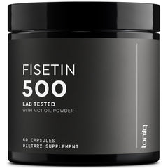 Toniiq Fisetin 500mg bottle label highlighting 98%+ purity for high-quality supplementation.