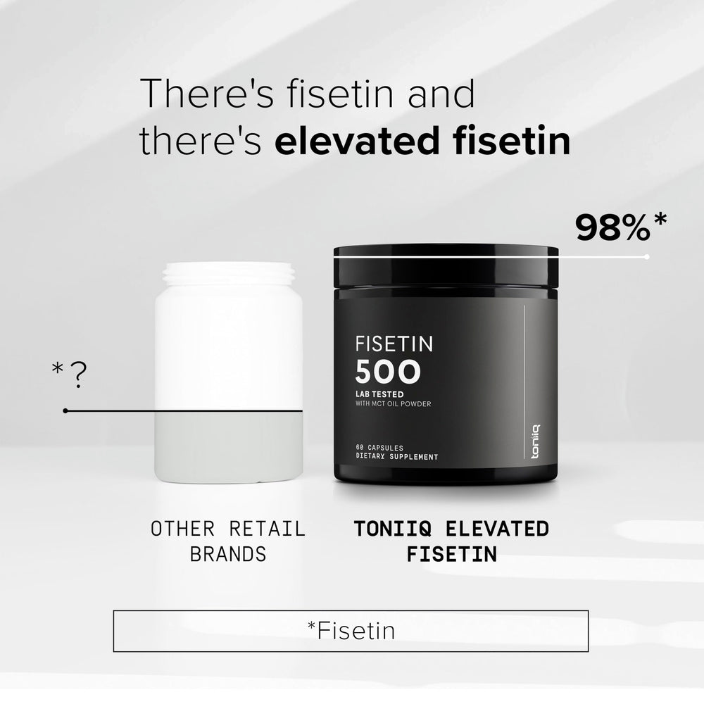 Toniiq Fisetin 500mg with MCT oil concept image emphasizing enhanced absorption.
