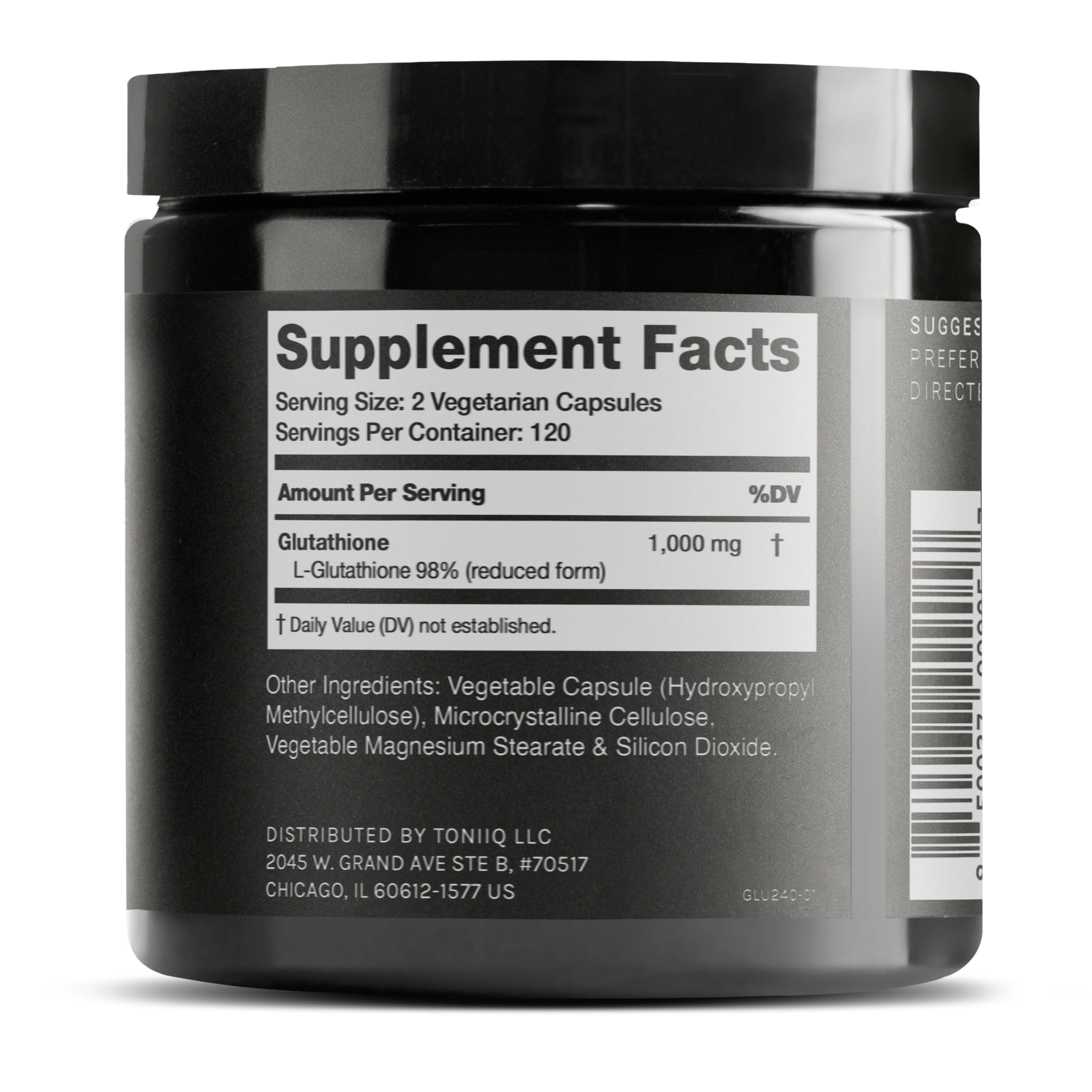 Toniiq Glutathione 1000mg bottle close-up highlights 98%+ purity.