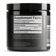 Toniiq Glutathione 1000mg bottle close-up highlights 98%+ purity.