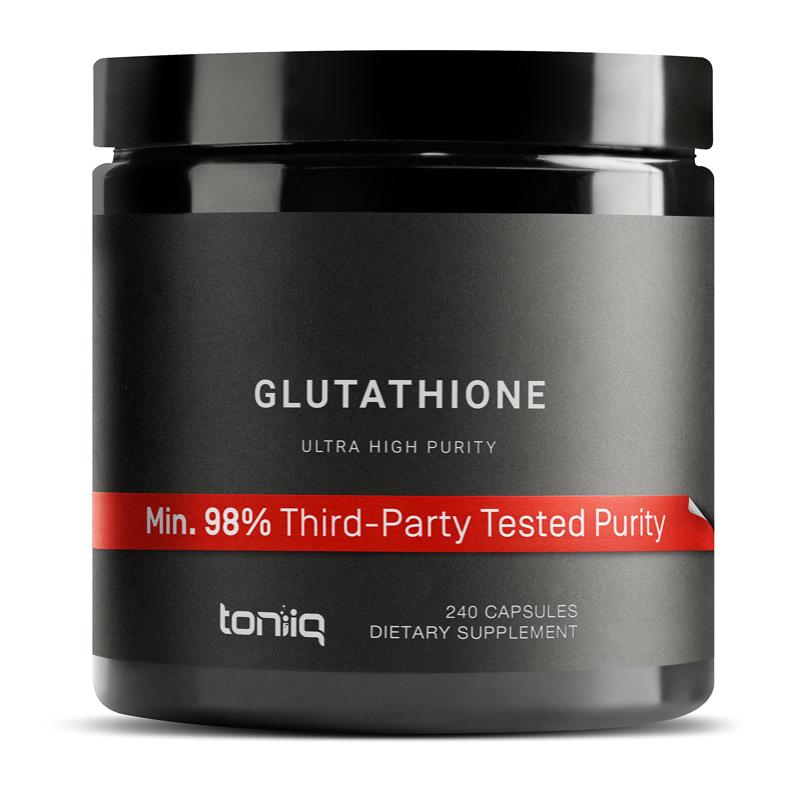 Toniiq Glutathione 1000mg bottle front shows high-purity formula for absorption.