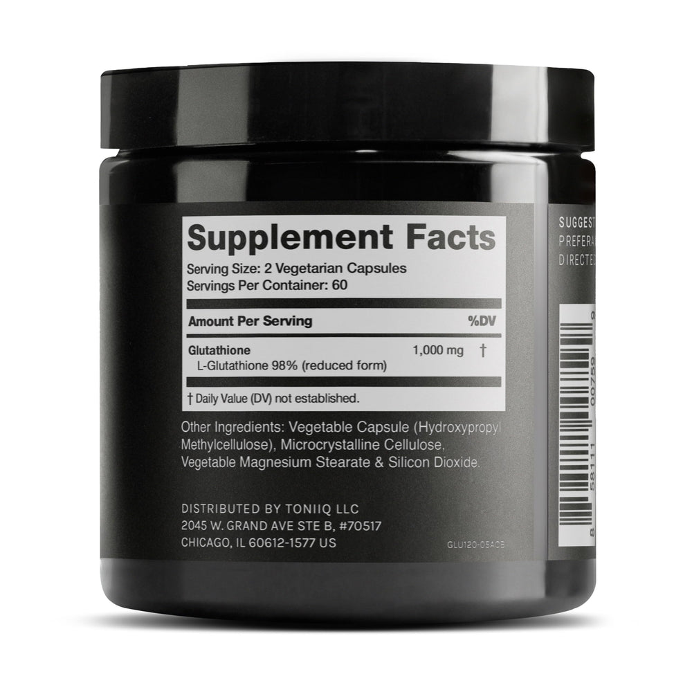 Toniiq Glutathione 98% purity label highlights high potency and quality.