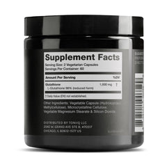 Toniiq Glutathione 98% purity label highlights high potency and quality.