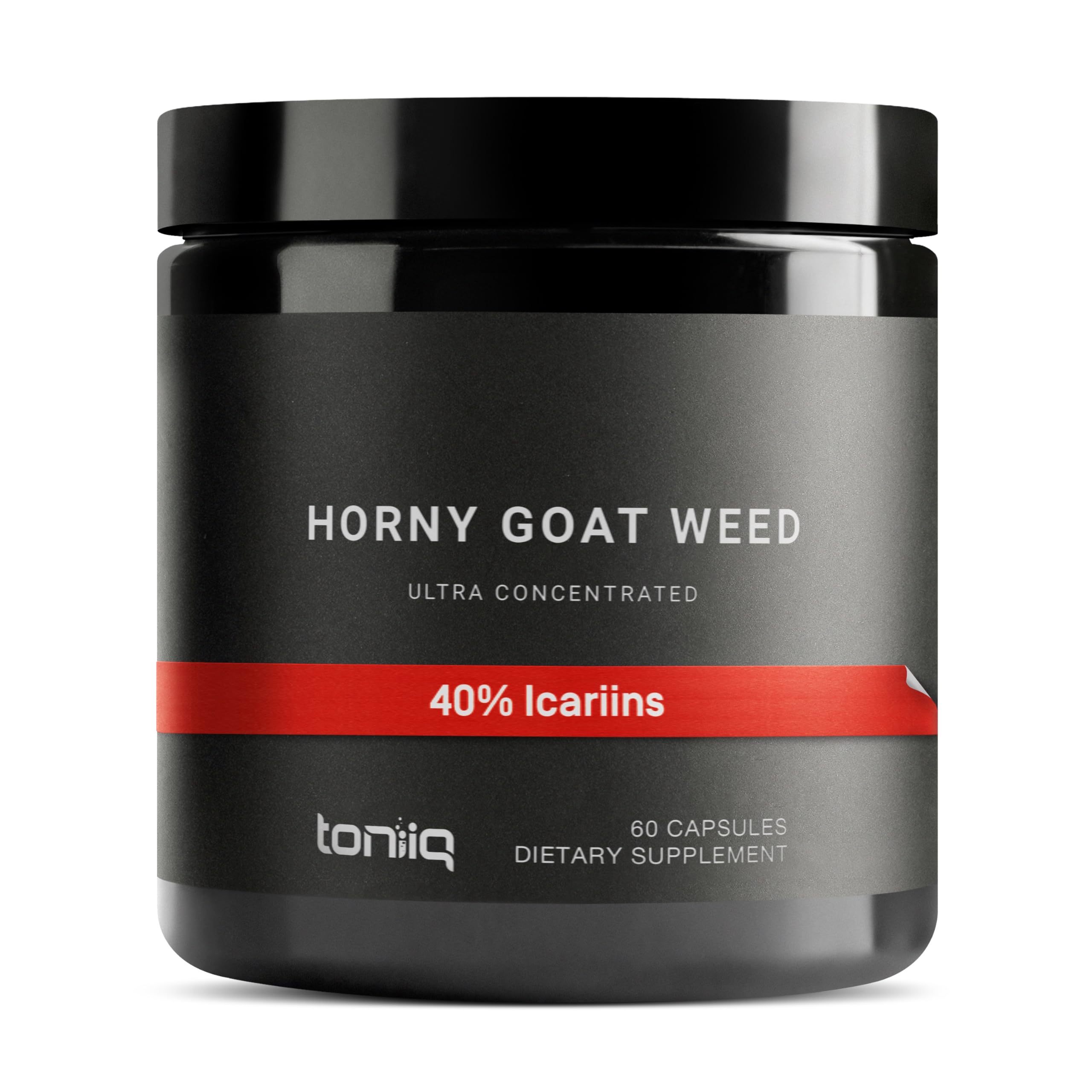Toniiq horny goat weed bottle shows concentrated 60:1 extract for potent everyday support.