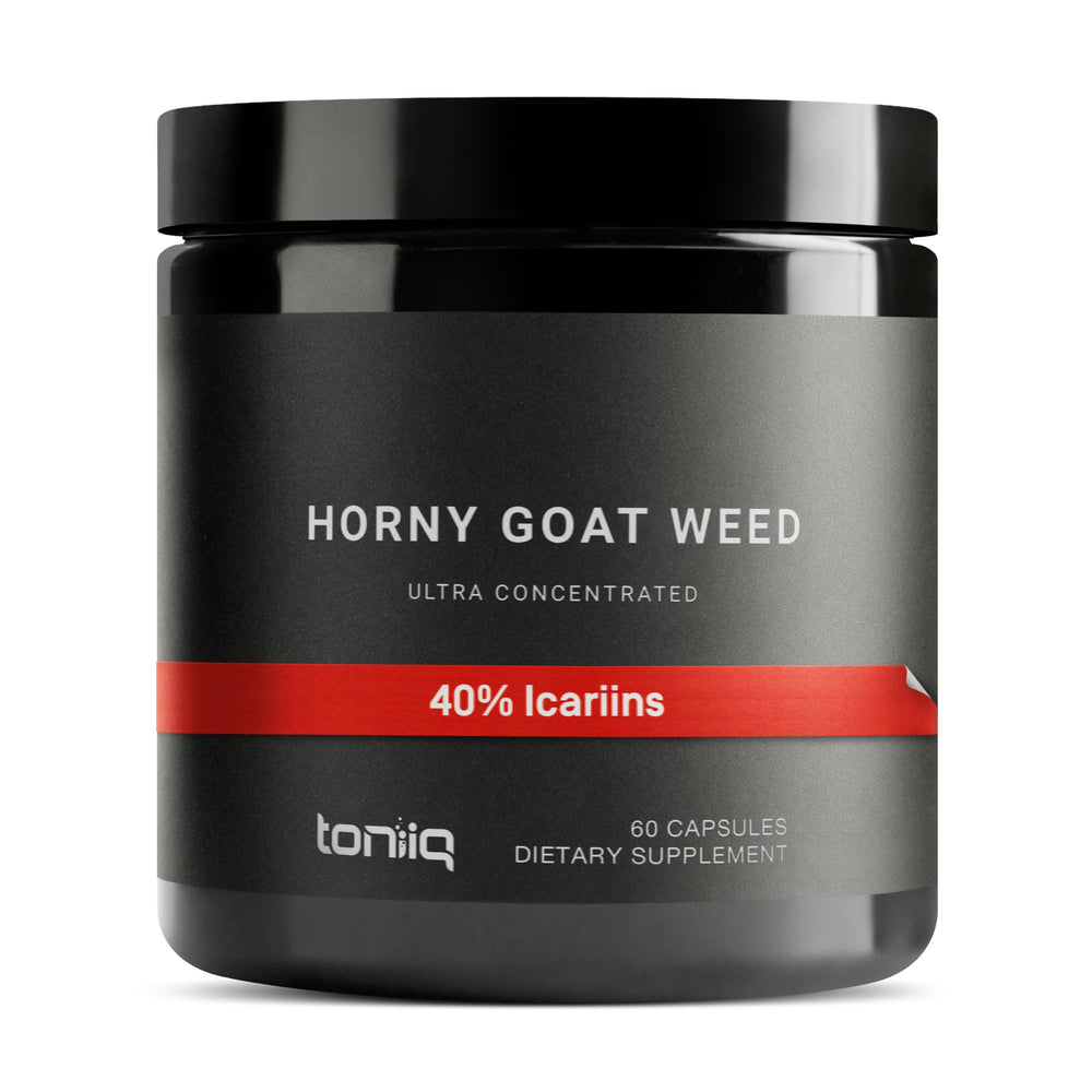 Toniiq horny goat weed bottle shows concentrated 60:1 extract for potent everyday support.