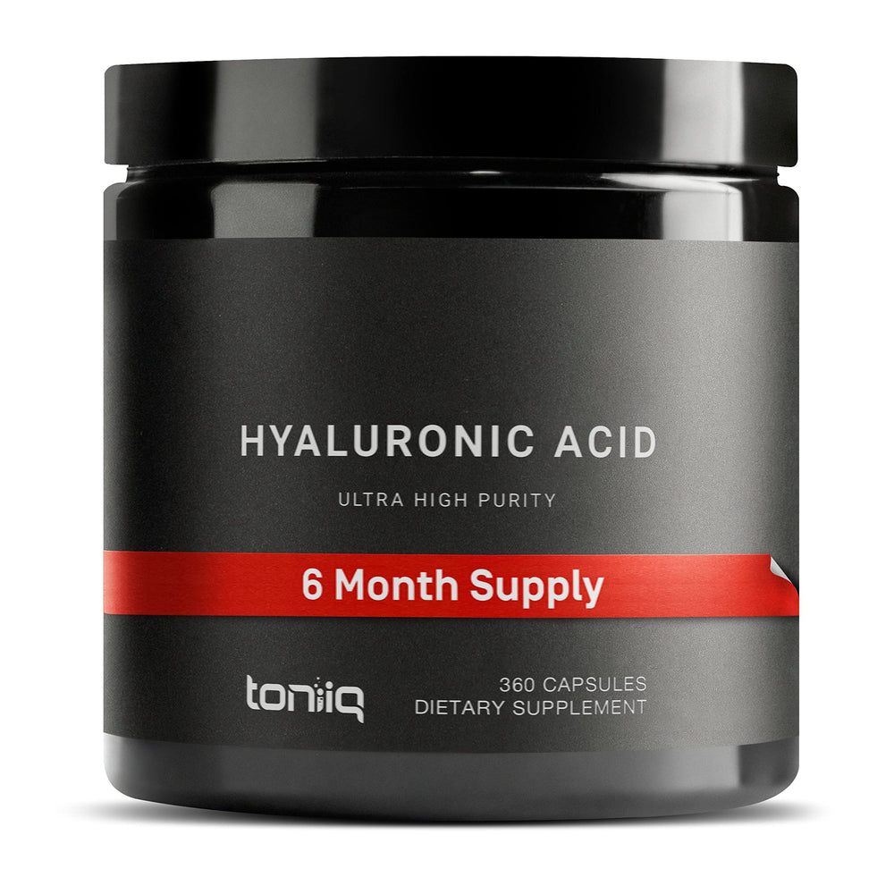 Toniiq Hyaluronic Acid bottle on shelf, conveying daily hydration support.