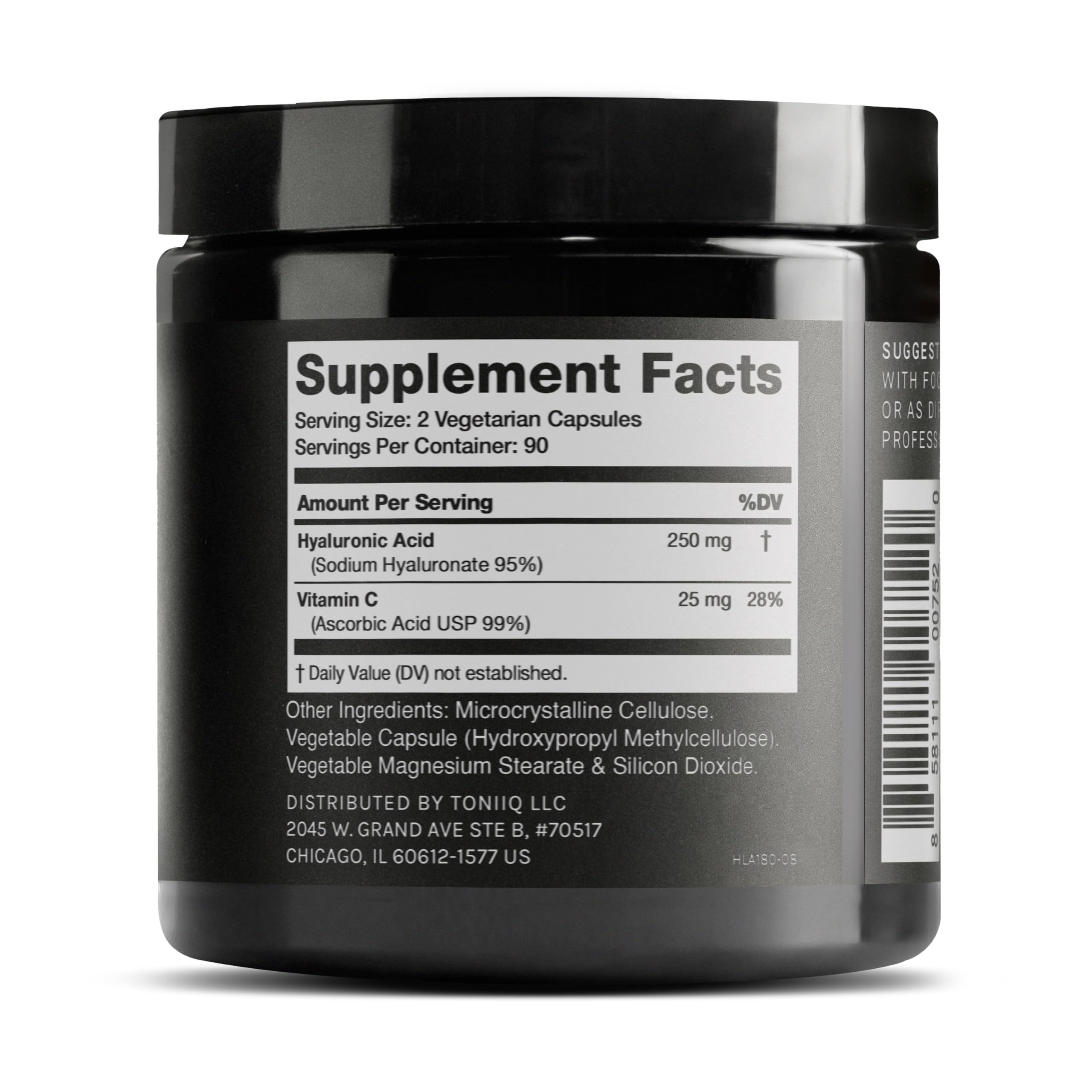 Toniiq Hyaluronic Acid capsules closeup—pure powder for enhanced bioavailability.