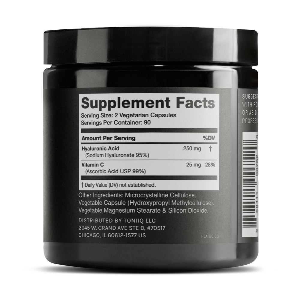 Toniiq Hyaluronic Acid capsules closeup—pure powder for enhanced bioavailability.