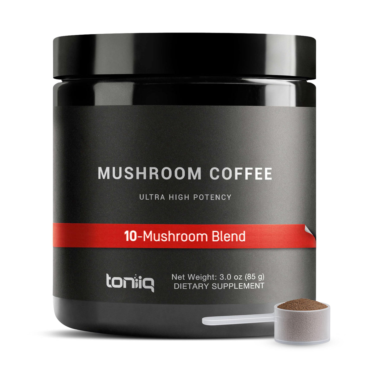 Toniiq Mushroom Coffee canister front view showing a coffee-forward energy option