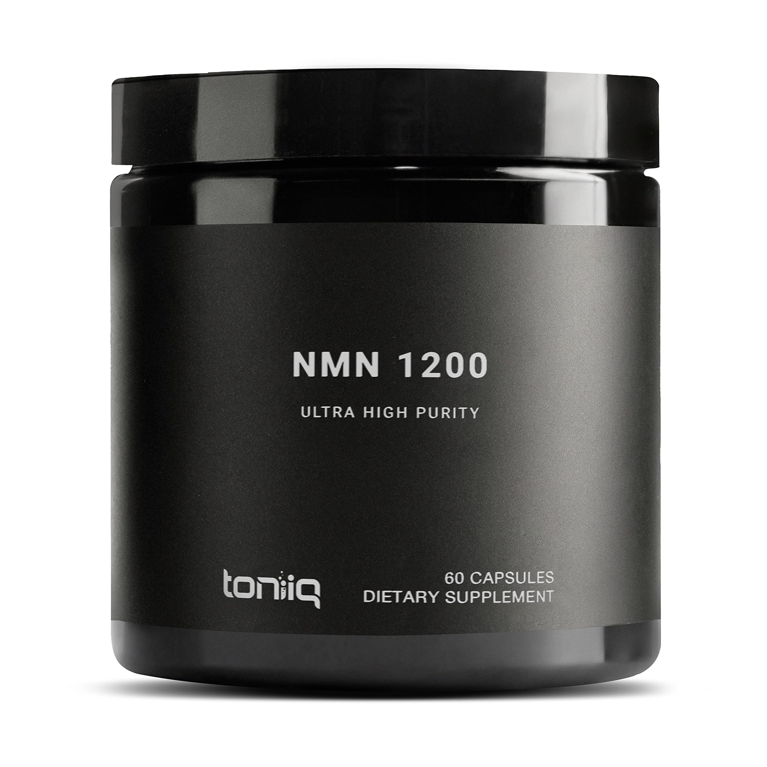 Toniiq NMN 1200mg bottle front view highlighting stabilized NMN for daily NAD+ support.