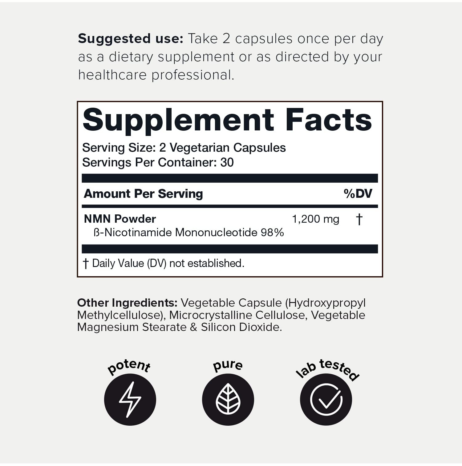 Toniiq NMN 1200mg bottle side view showing compact, shelf-stable packaging.