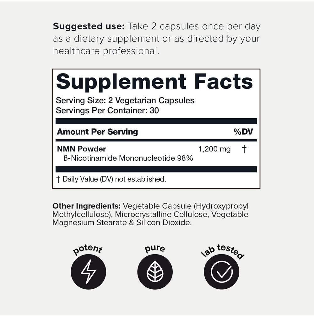 Toniiq NMN 1200mg bottle side view showing compact, shelf-stable packaging.