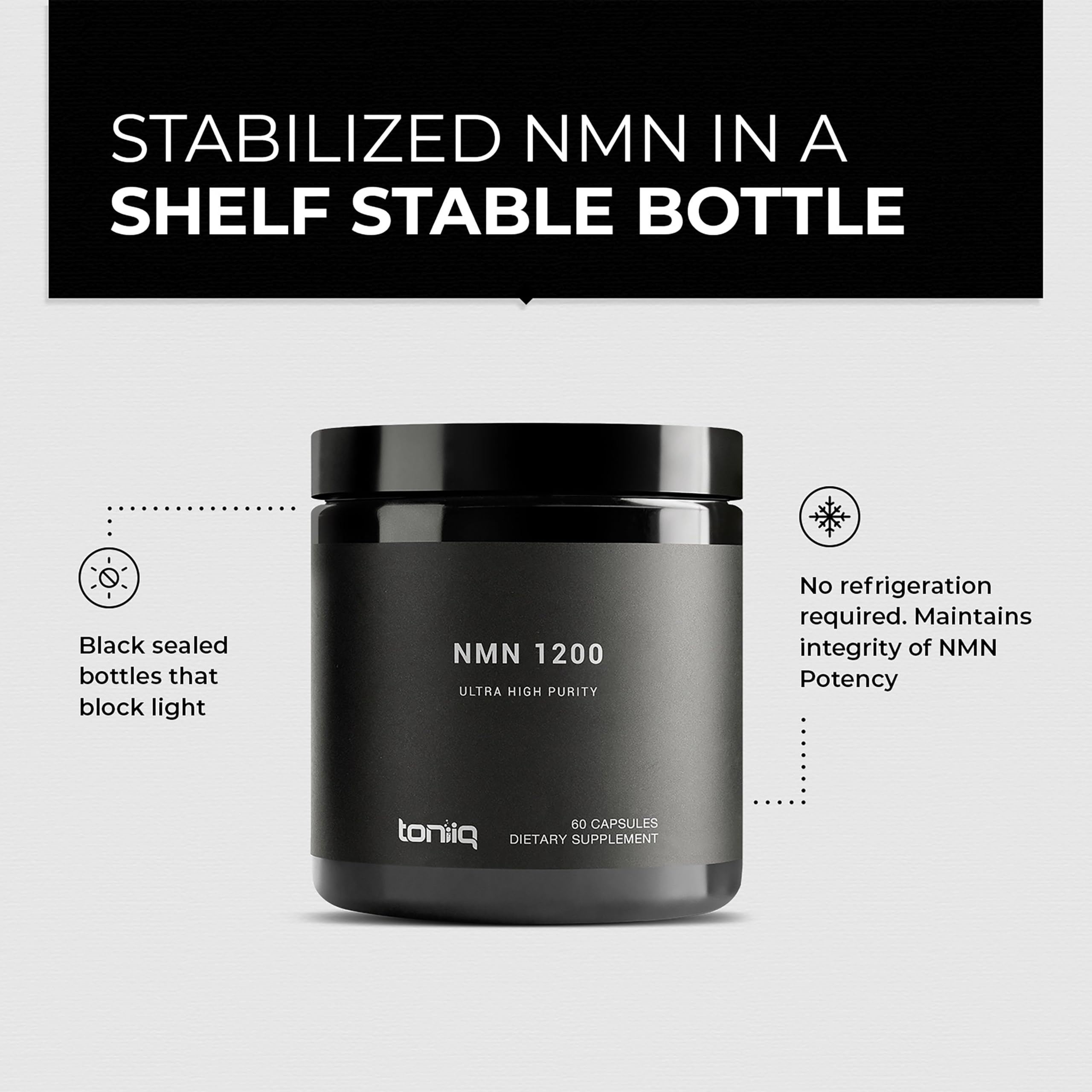 Toniiq NMN bottle in dark storage demonstrates shelf-stability and potency protection.